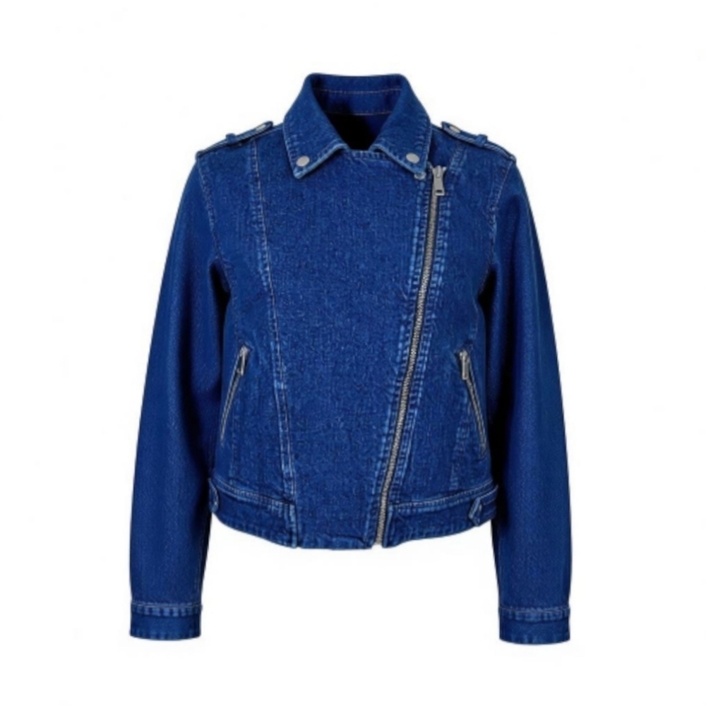 Loft Denim Jean Moto Jacket S Asymmetrical Zipper Zip Pockets Cuffs Epaulet